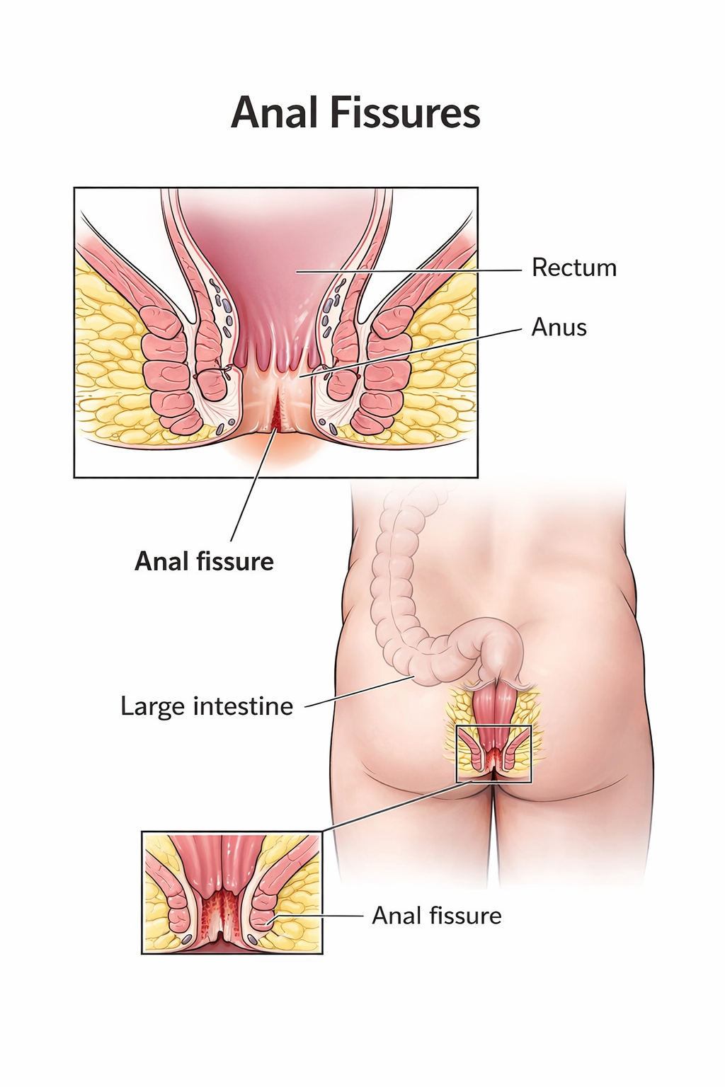 Medical illustration of anal fissures showing the lower rectum and anus with labeled anatomy and close-up views of a tear in the anal canal