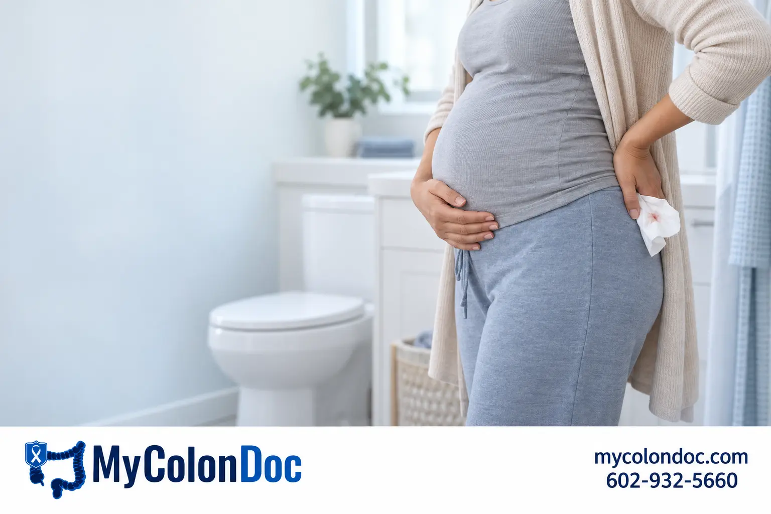 Pregnant patient experiencing possible rectal bleeding after a bowel movement with no face visible
