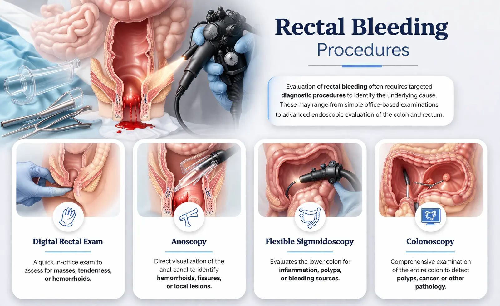 Medical illustration showing anoscopy sigmoidoscopy and colonoscopy used to evaluate rectal bleeding